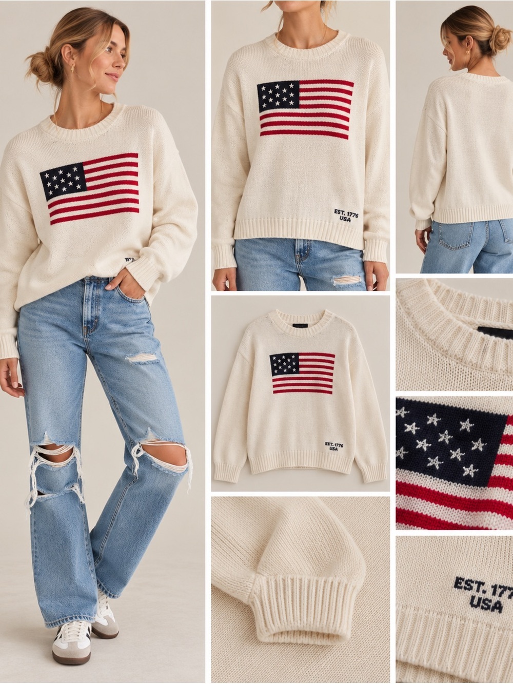 Crewneck Flag Graphic Sweater in Cream